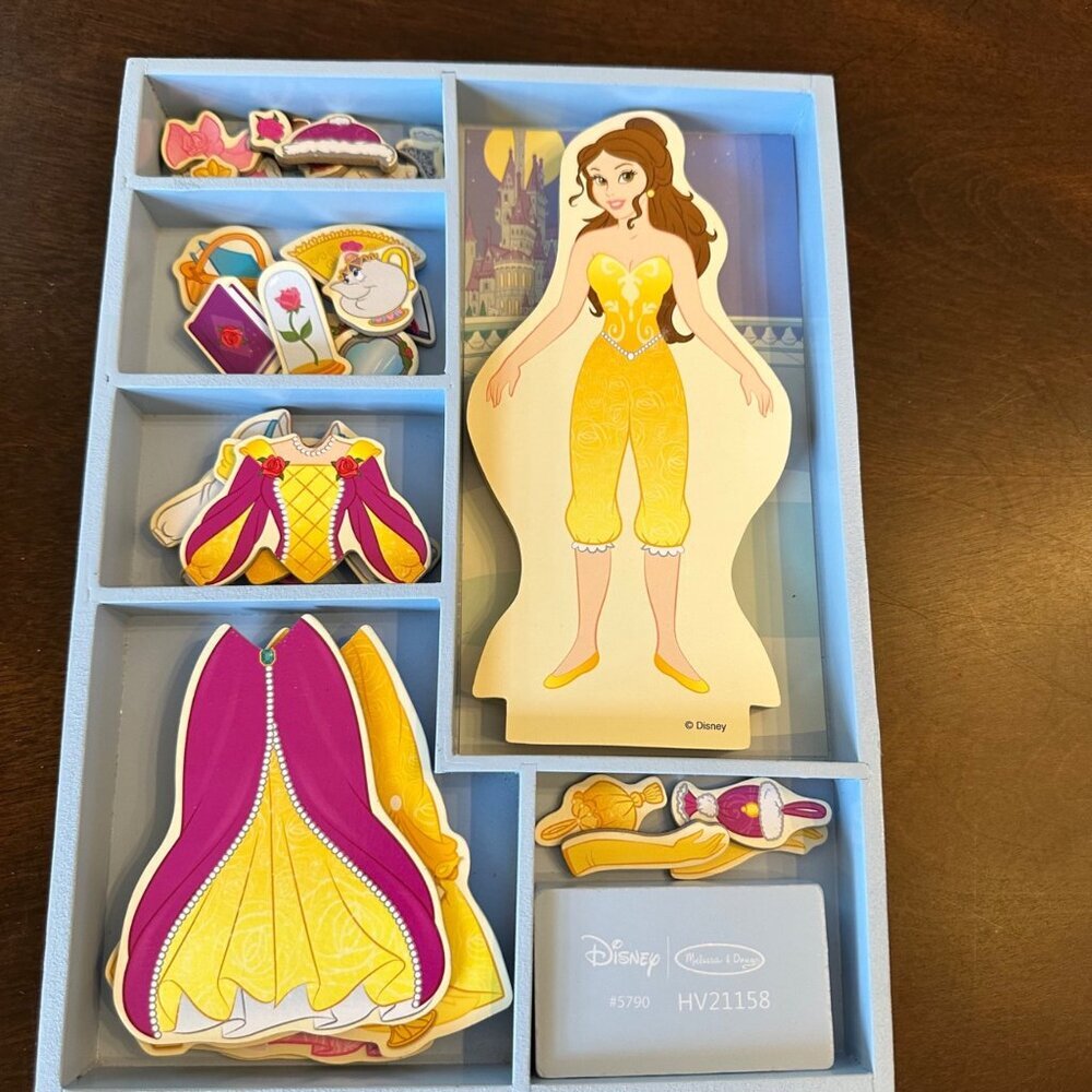 Disney Princess Belle Magnetic Wooden Dress-Up Doll Set  Outfits Accessories